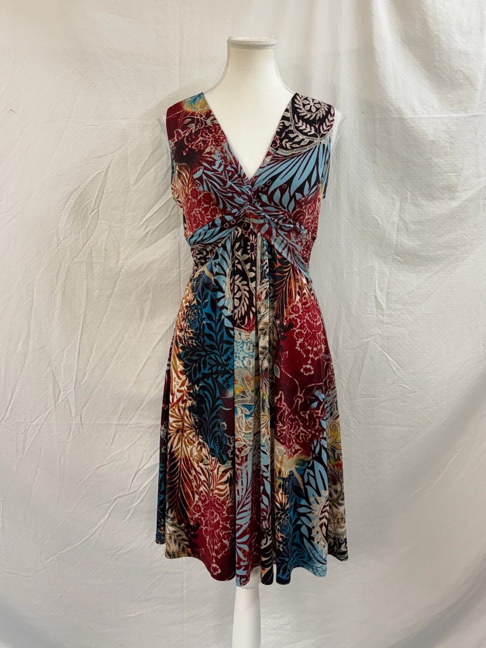 Tie-Waist V-Neck Midi Dress in Burgundy & Teal Floral